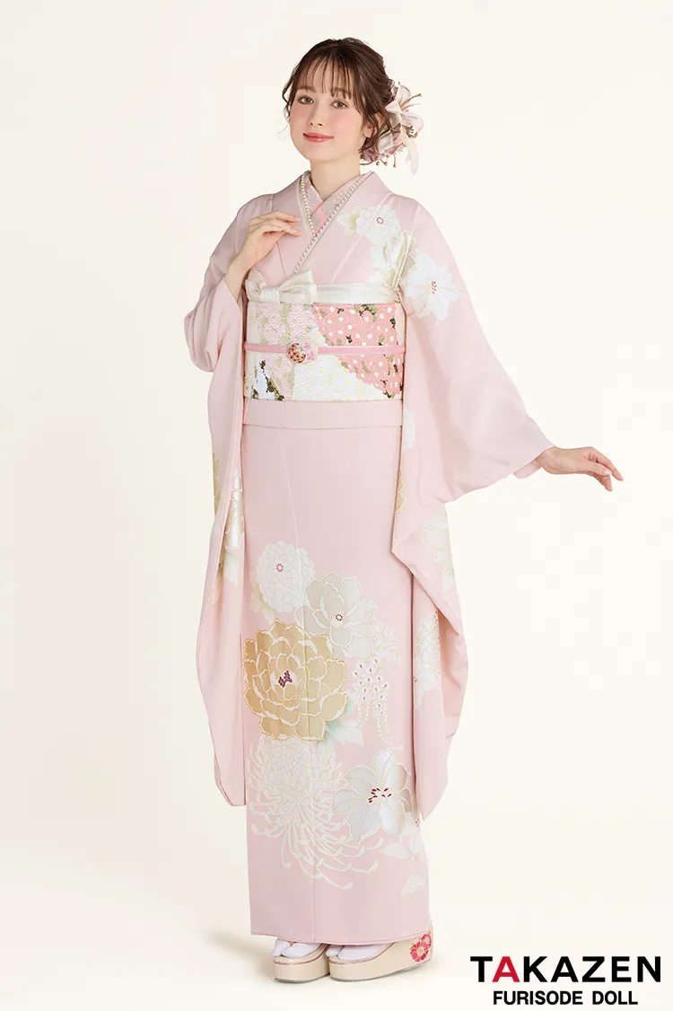 正統派古典　ピンク/淡い色　牡丹柄　吉澤織物/最高級金彩手描友禅　シンプル　すっきり　柄少なめ振袖　はんなり　上品な振袖ネットレンタル　周防ジゼル　26017