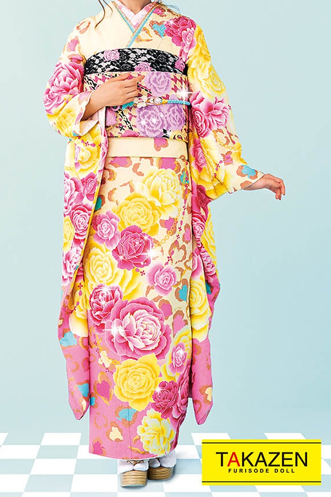 キュートガーリー　黄色/ピンク　ヒョウ柄　量産型　リズリサ風　振袖ネットレンタル　ゆるふわ　かわいい　ポップ　32155