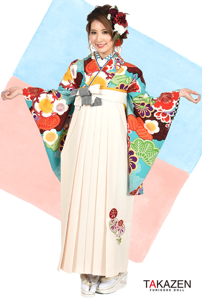 レトロ　水色　松竹梅　派手かわいい　人気袴ネットレンタル　R30015