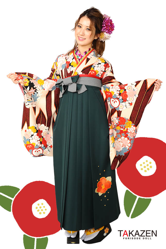 レトロ　エンジ/クリーム　矢絣柄　大人　可愛い袴ネットレンタ　上品　古典風　R30043