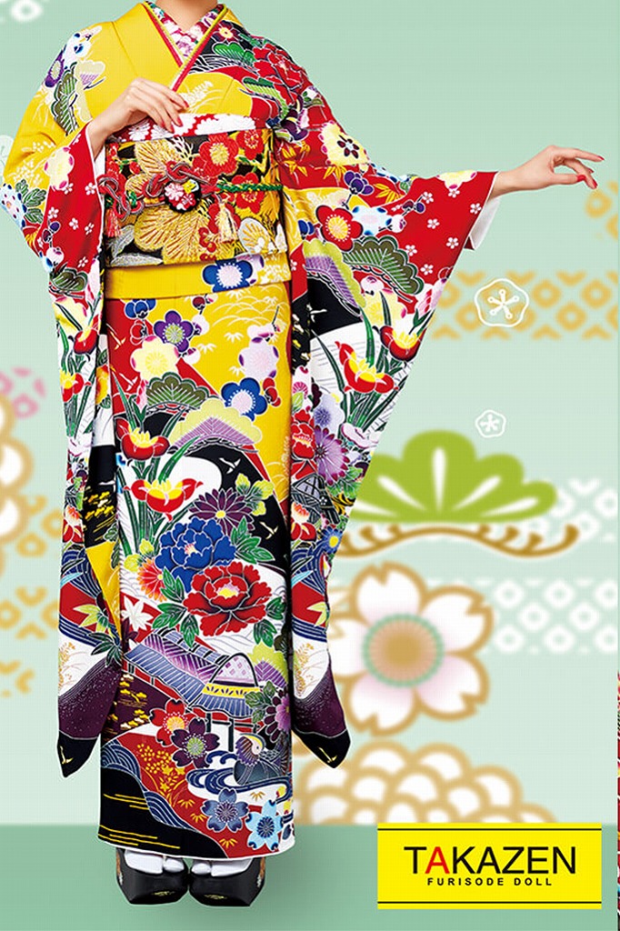正統派古典　カラシ/ブルー(青色)　紅型　個性派振袖ネットレンタル　伝統的　ちりめん生地　　21022