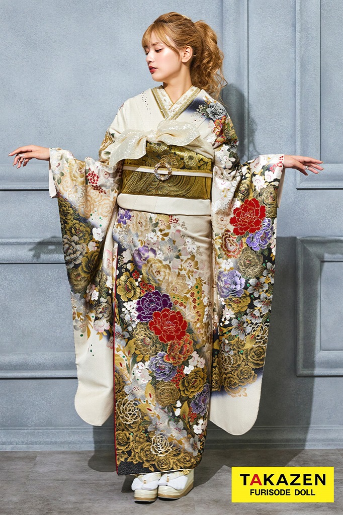 格安モード系　白/金　牡丹柄　桂由美デザイン振袖　かっこいい　派手　目立つ　渋い　キラキラスワロフスキー付き振袖ネットレンタル　32122