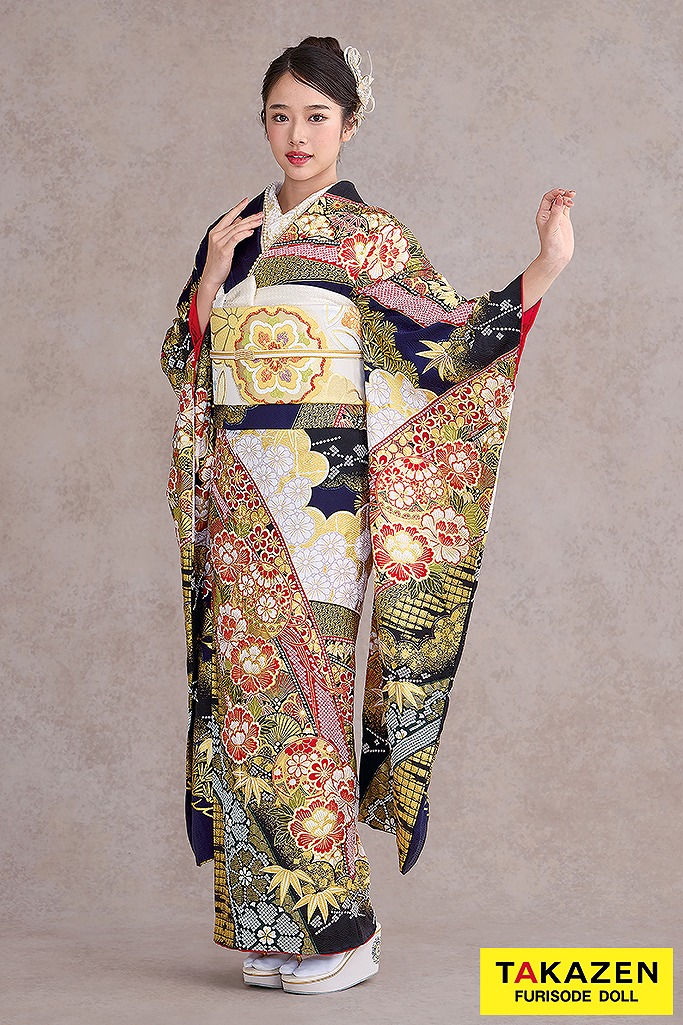 最高級古典柄振袖　滝泰/最高級金彩刺繍絞り友禅　紺色/ネイビー　牡丹柄　豪華　綺麗　上品　絞り　天翔天音　26044