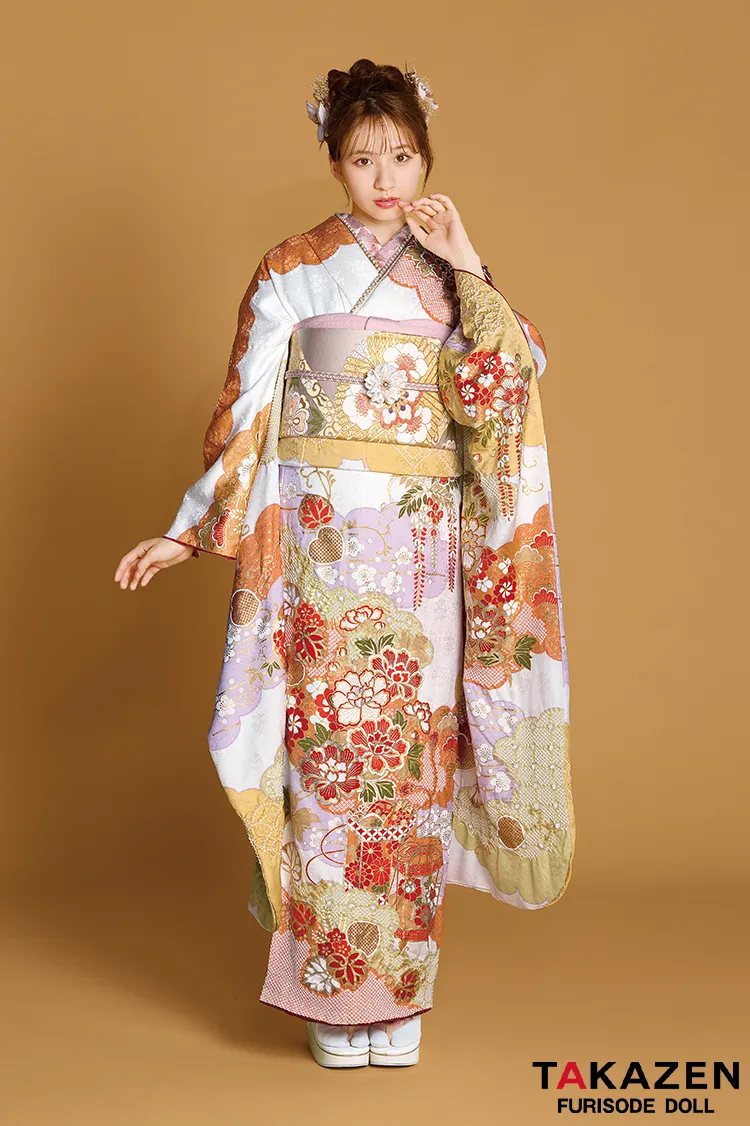最新作高級古典　白地/オレンジ　滝泰　最高級金彩刺繍絞り友禅　きれいめ　上品　かわいらしい振袖ネットレンタル　白宮みずほ　27051