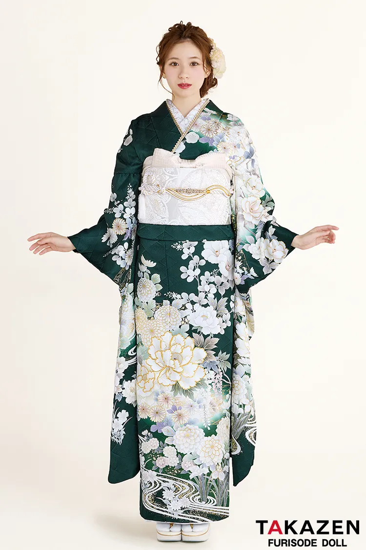 最新作正統派古典　緑/グリーン　牡丹柄/菊柄/流水模様　綺麗　大人っぽい　華やか　東京レトロブランド振袖ネットレンタル　白宮みずほ　27033