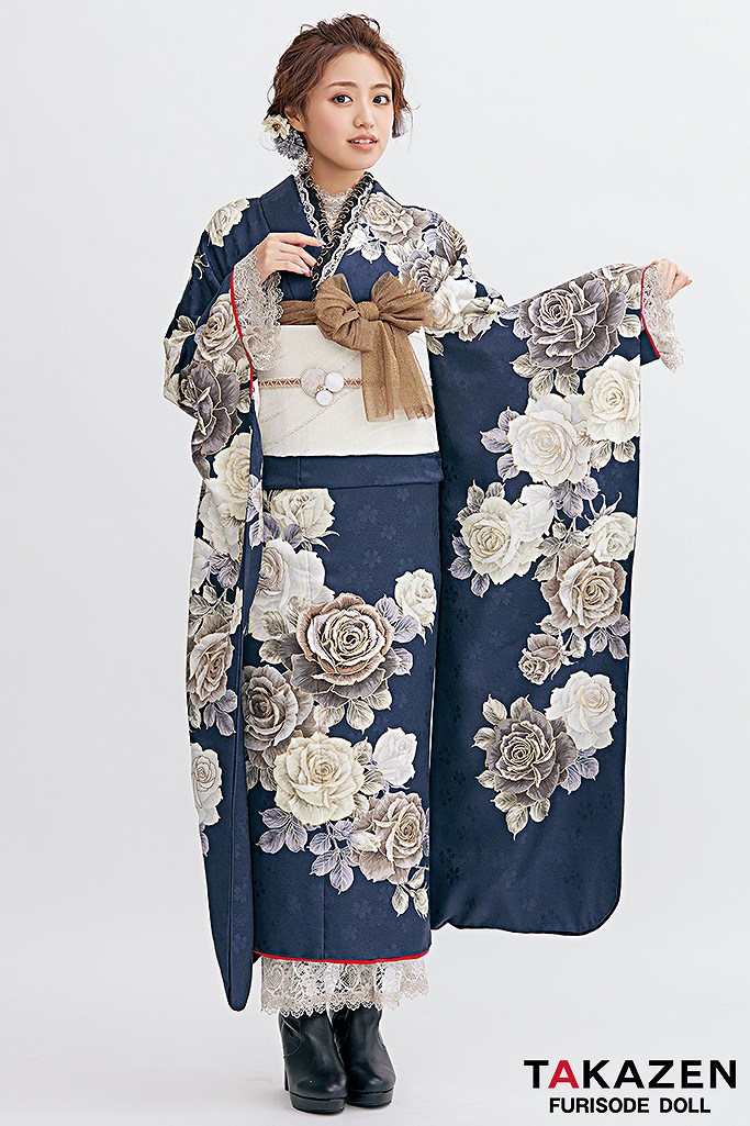 くすみカラーガーリー　紺色/ネイビー/グレー　薔薇柄　おしゃれ　かわいい振袖　レースインナー/ブーツコーデ　香音ちゃん　24015