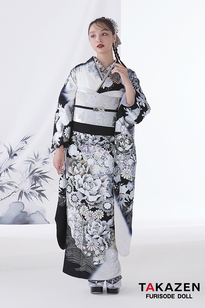 粋古典　シルバー/白黒　扇面柄/牡丹柄　最高級金彩刺繍友禅　かっこいい　大人っぽい振袖　キラキラスワロフスキー付き　目立つ　香川るな　22020