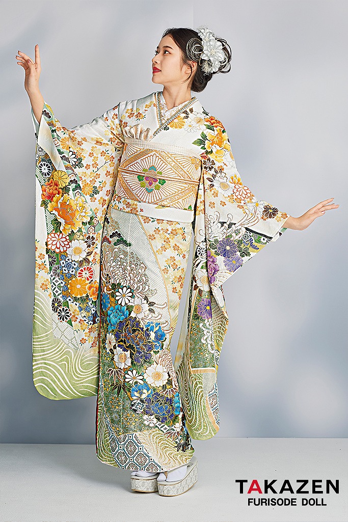最高級古典柄振袖　関芳/最高級金彩刺繍友禅　白/黄緑/くすみ色　牡丹柄/菊柄　桂由美コレクション　華やか　豪華　天翔天音　25044