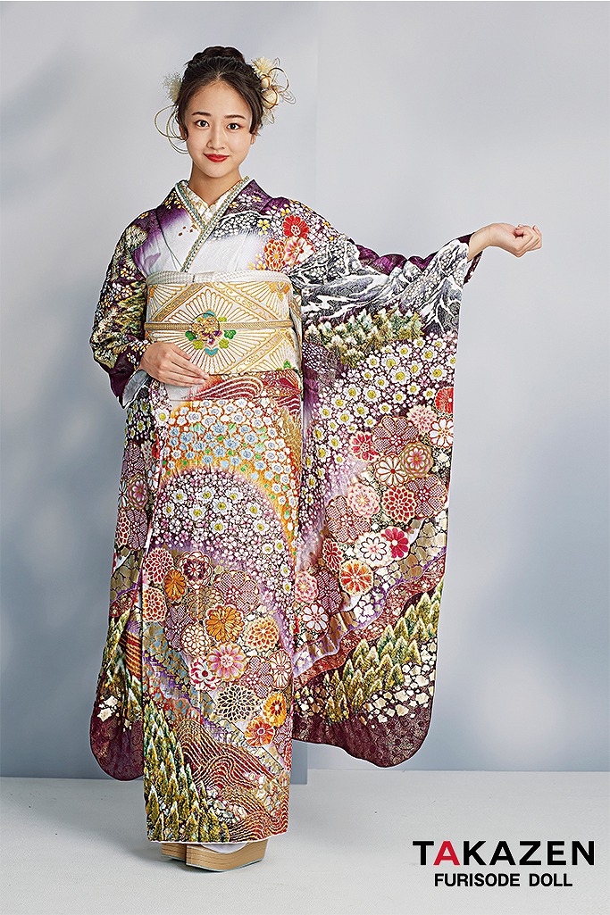 最高級古典柄振袖　関芳/最高級金彩刺繍絞り友禅　白/ボルドー　藤/桜/菊　豪華　煌びやか　エレガント　天翔愛　25049