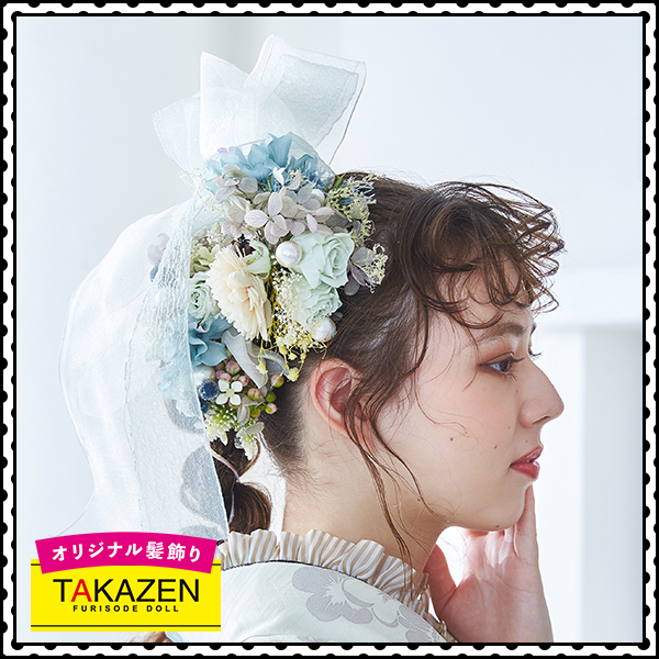 レース シフォン ブルー 花 髪飾り